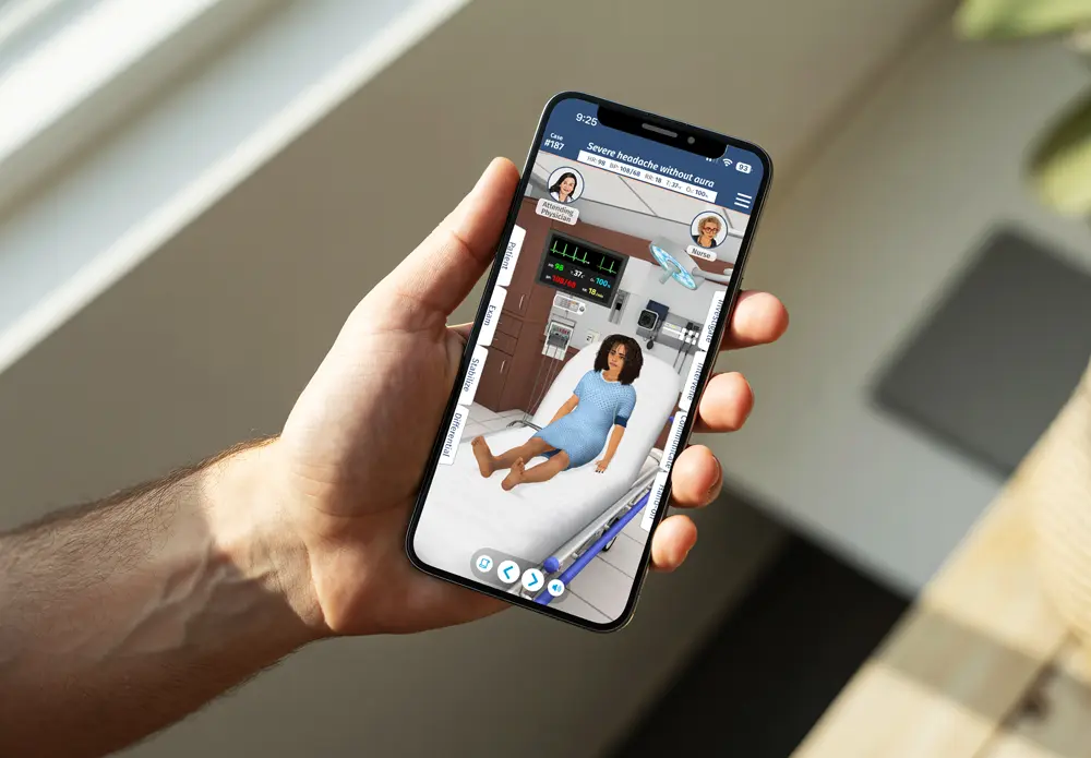Man holding a mobile phone that displays Full Code Medical simulation