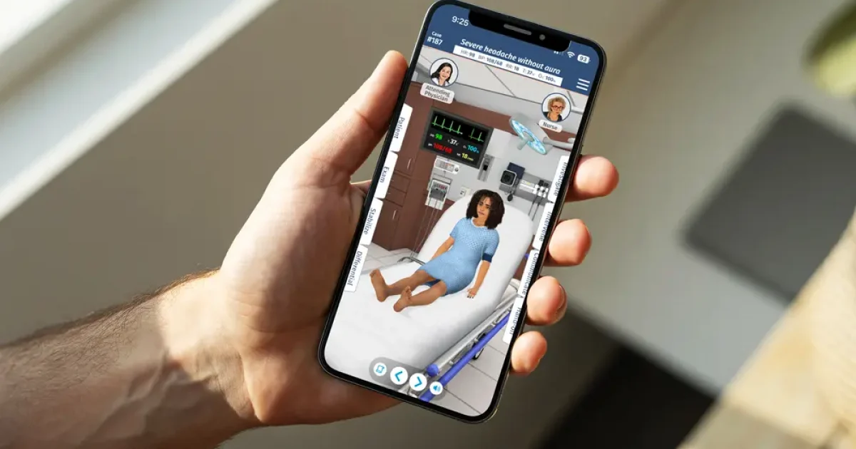 Man holding a mobile phone that displays Full Code Medical simulation